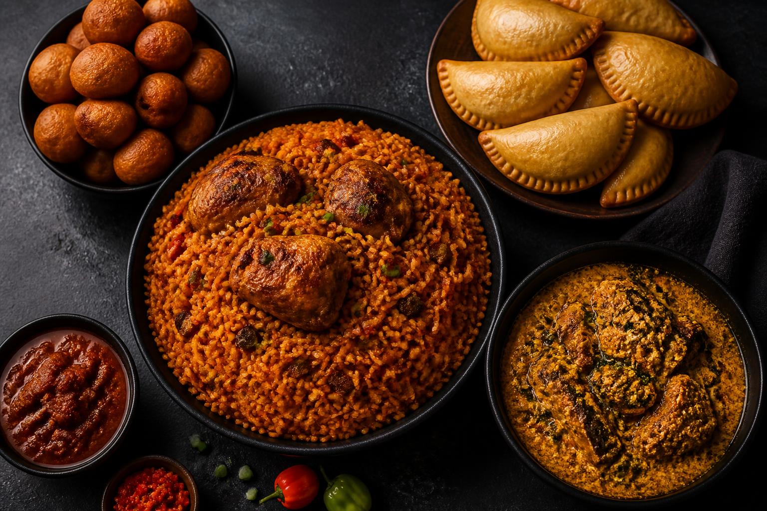 Nigerian party spread of jollof rice, puff puff, meat pies and egusi soup